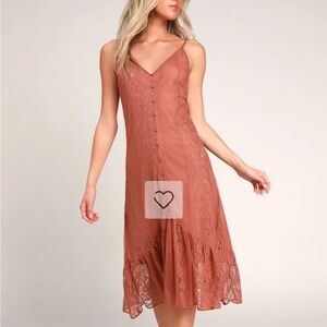 Lulus Zahira Rusty Rose Lace Button Down Dress, size L